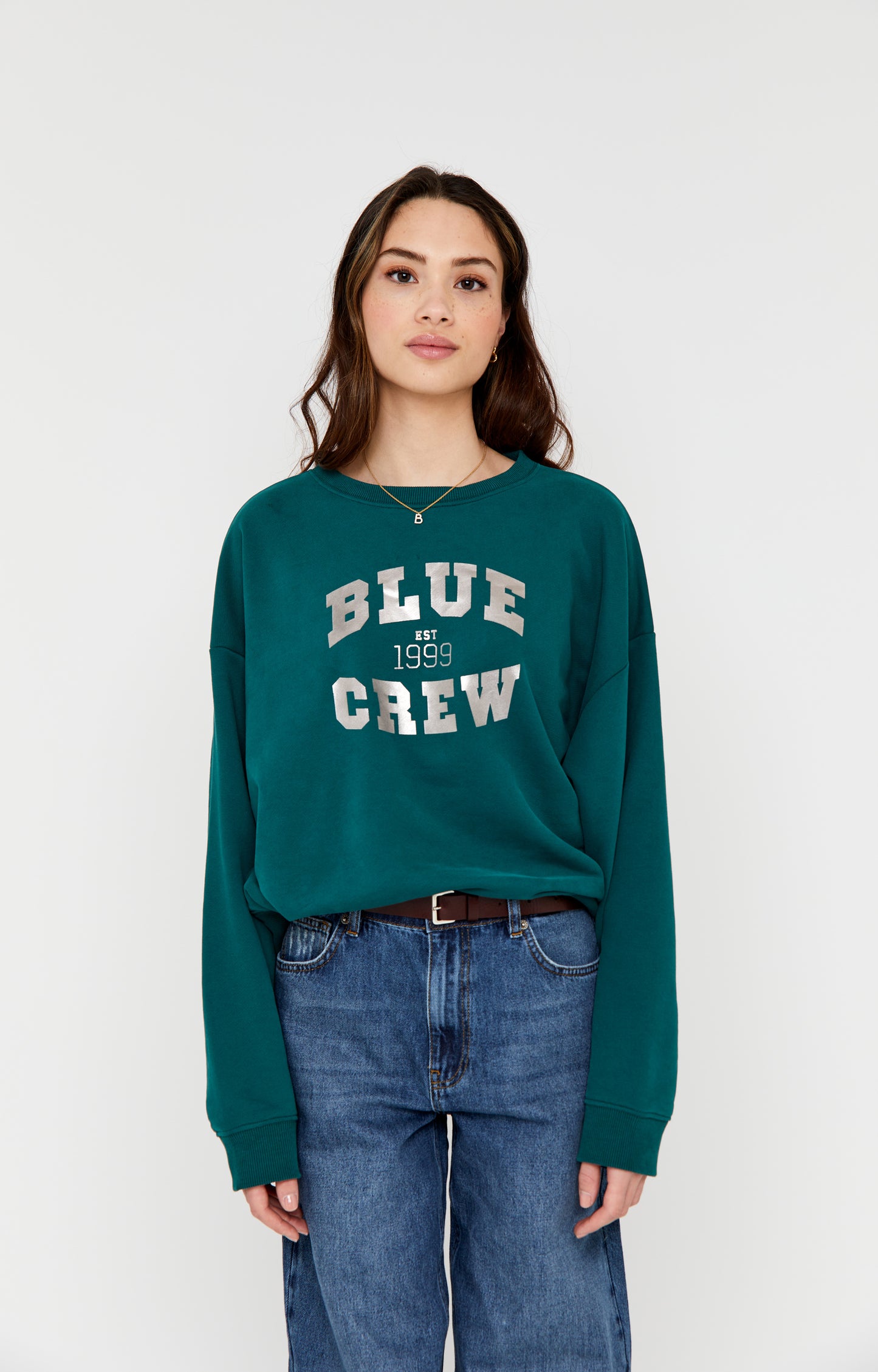 ANNA BLUE SWEATER BLUE CREW DARK GREEN SOLID