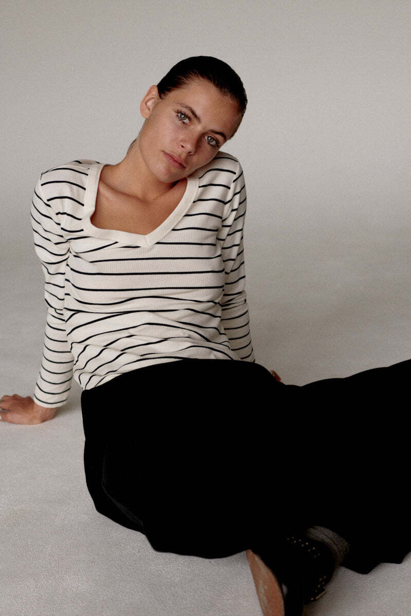 PENN&INK TOP LONGSLEEVE SMALL STRIPE VANILLA/BLACK